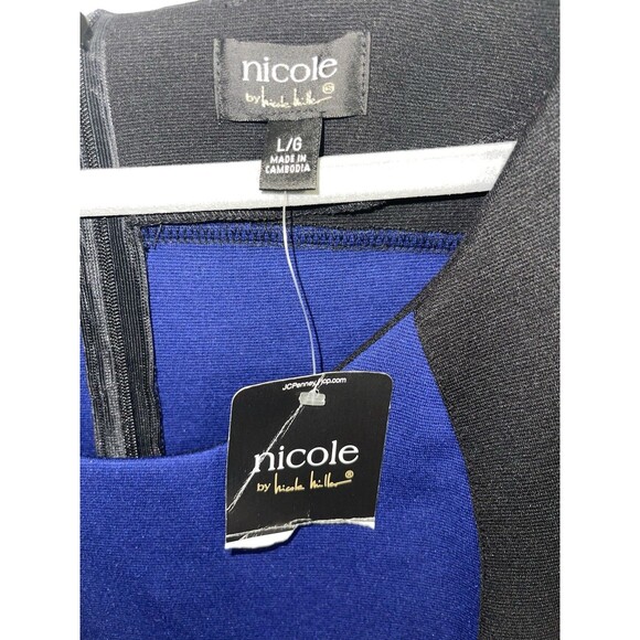 Nicole Miller Dress Black Electric Blue Cap Sleeve Zip Back Women’s Size L New - Picture 2 of 7